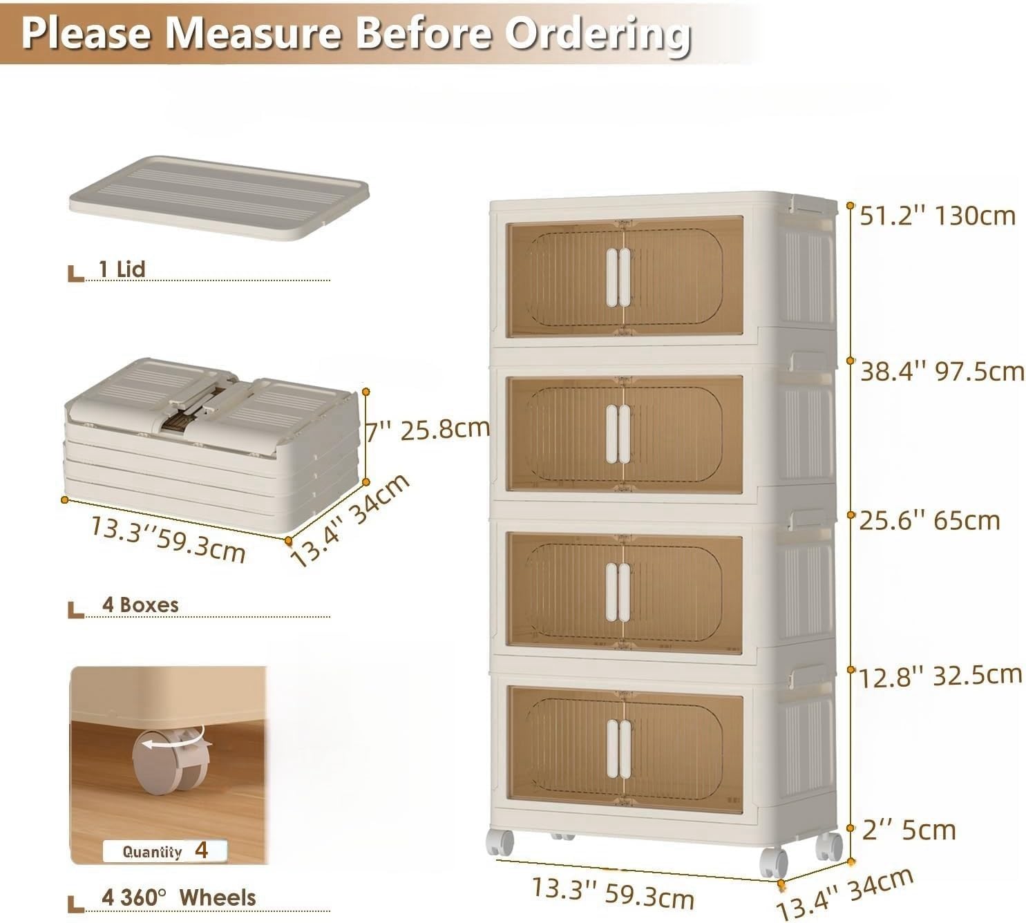 wookon 4Tiers Storage Bins-277Quart Storage Bins with Wheels,Plastic Storage Bins,Beige Closet Organizers and Storage,Magnetic Dual Open Collapsible Storage Bins