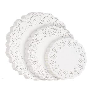 svalor paper doilies assorted sizes, 4.5inch 6.5inch and 8.5 inch doilies for food, 99 pieces disposable lace paper doilies for tables, round paper placemats bulk for cakes desserts crafts(white)