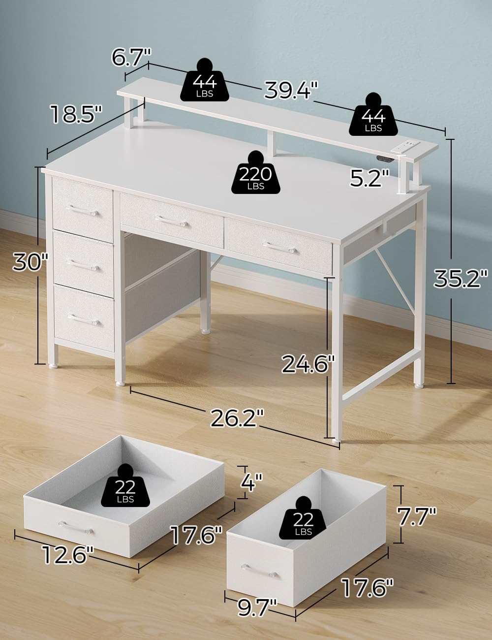 Seventable Computer Desk with Power Outlets & LED Light, 39 inch Home Office Desk with 5 Drawers, Writing Desk with Monitor Stand, Work Desk for Home Office, White