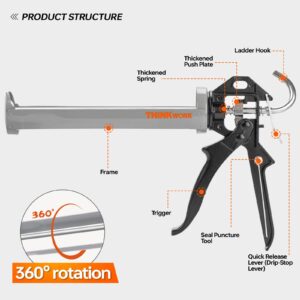 THINKWORK Caulk Gun, Smooth Caulking Gun, Caulking Tool Kit, Silicone Gun, Hand Caulking Guns for Bathroom, Kitchen, Floor, Window, Sink Joint, Frames Seal