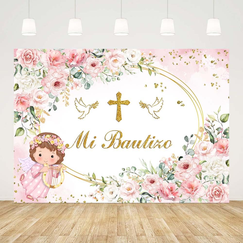 AIBIIN 7x5ft Pink Mi Bautizo Backdrop for Girls Baby Shower God Bless First Holy Communion Background Oval Mexican Baptism Party Flowers Decorations Banner Props