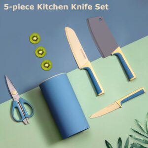 Kitchen Knife Set, 5 Pcs Blue Cooking Knife Set with Block, Professional Knives Set for Kitchen, Super Sharp Stainless Steel Chef Knife Set Contains Round Stand, Knives, Scissors (Blue)