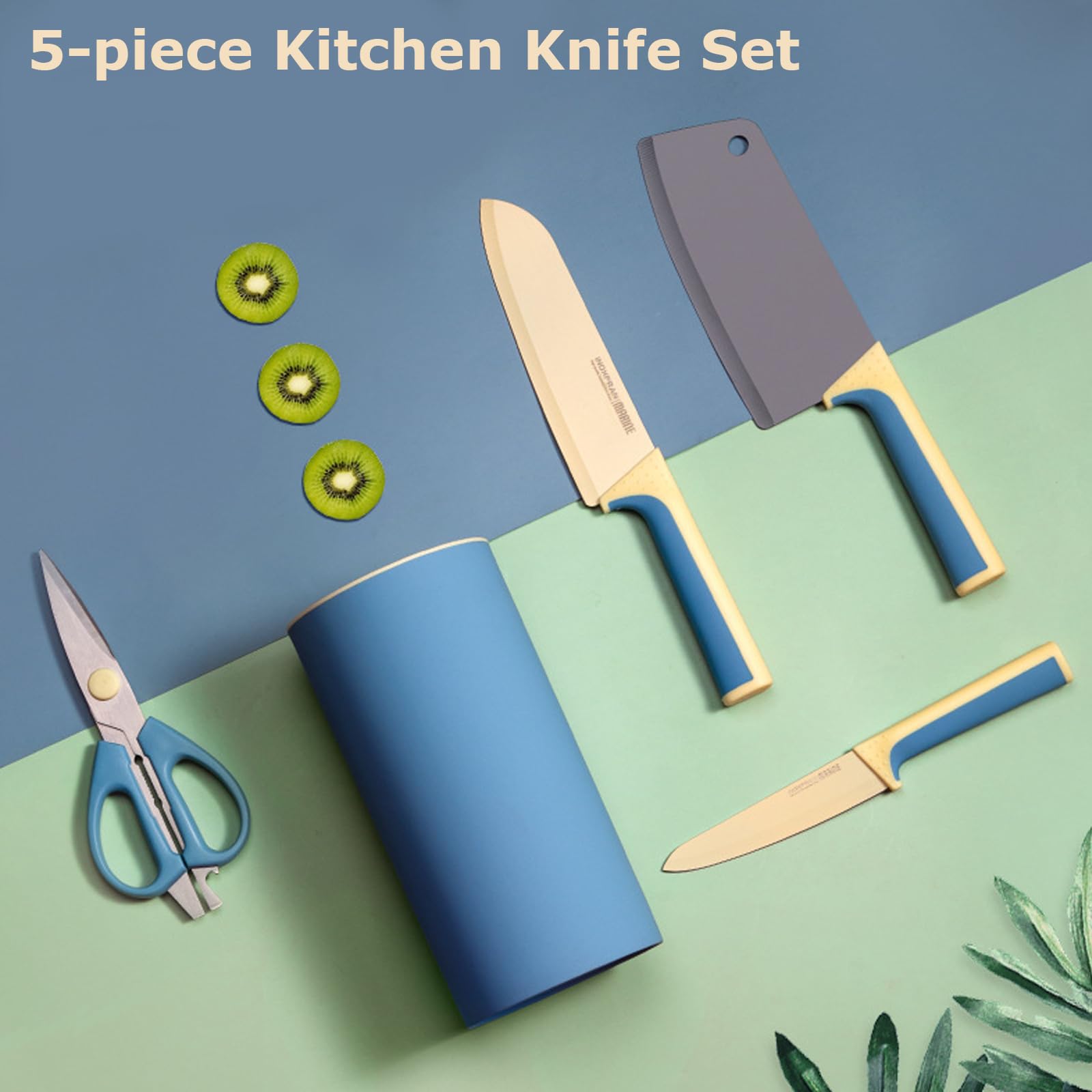 Kitchen Knife Set, 5 Pcs Blue Cooking Knife Set with Block, Professional Knives Set for Kitchen, Super Sharp Stainless Steel Chef Knife Set Contains Round Stand, Knives, Scissors (Blue)