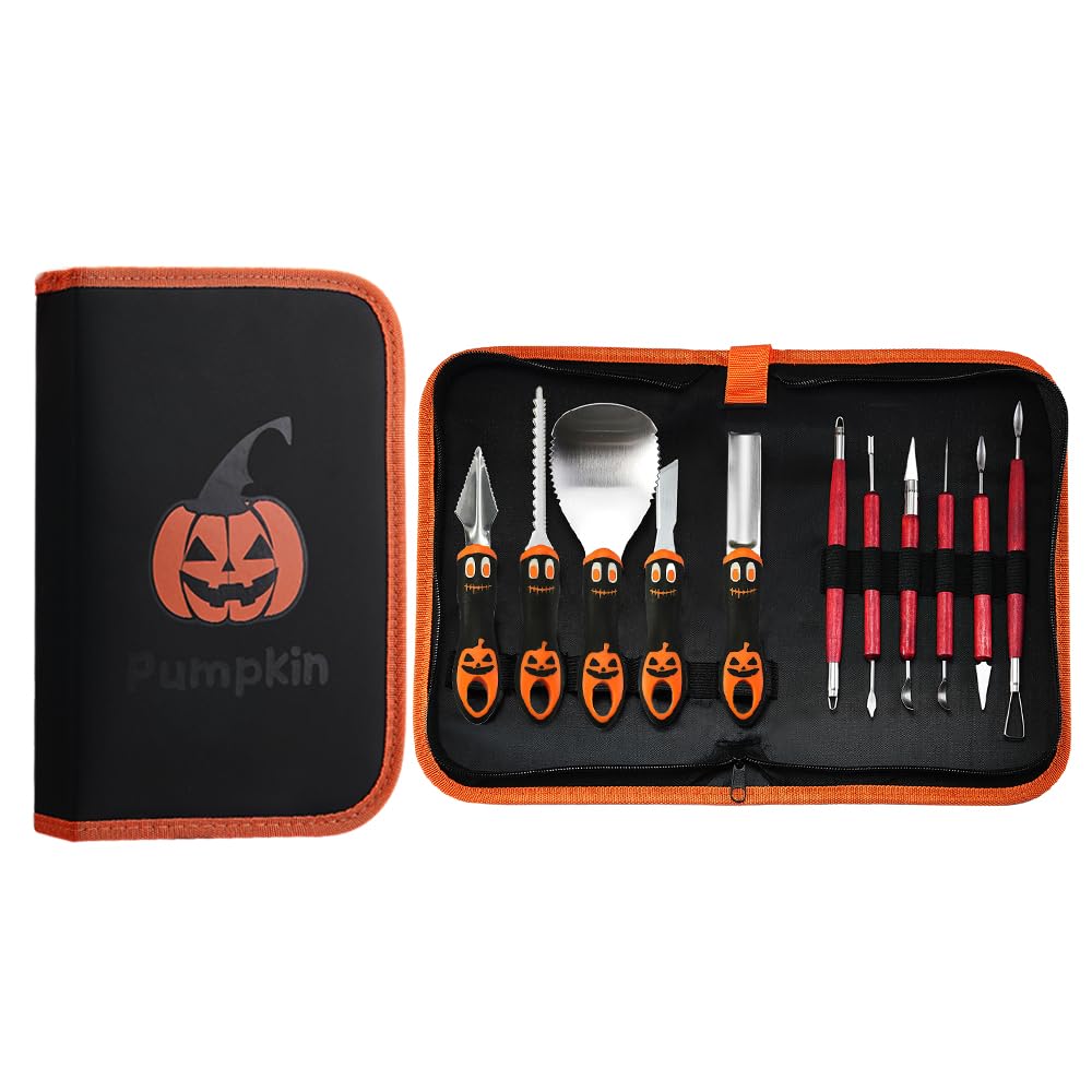 WeKit Halloween Pumpkin Carving Kit Tools, 11 Pcs Professional Heavy Duty Carving Set, Stainless Steel Double-side Sculpting Tool Carving Kit for Halloween Decoration and Gifts