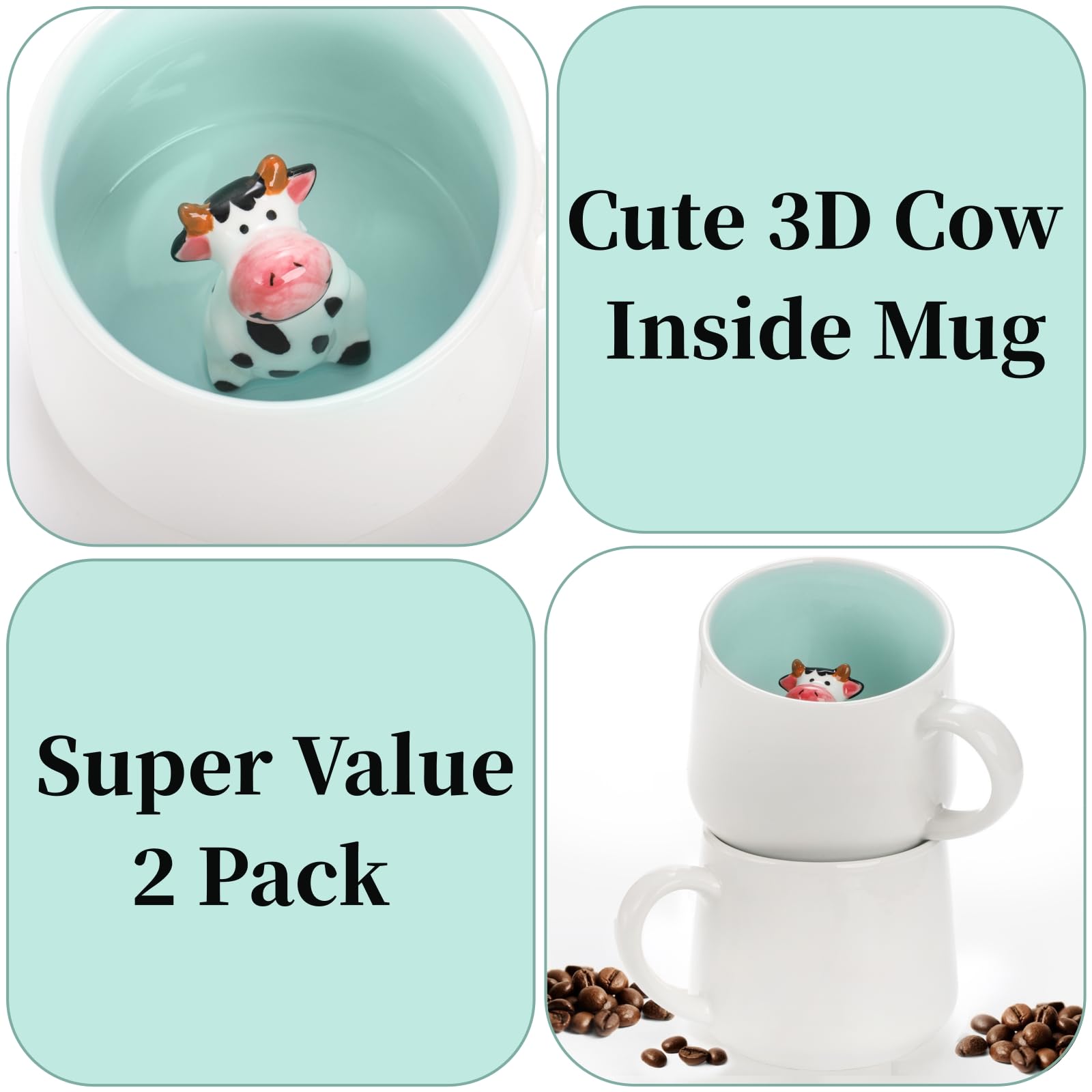 Pumtus 2 Pack 3D Coffee Mug, 12 OZ Cute Cow Ceramic Cup, Hidden 3D Animal Inside Mug, Cartoon Ceramics Figurine Teacup, Party Office Morning Mugs for Tea Milk Juice Cappuccino Chocolate, 3D Cow Cup