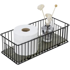 mygift modern bathroom storage basket, black metal wire toilet paper holder with vintage gray solid wood base, toilet tank organizer tray with handles