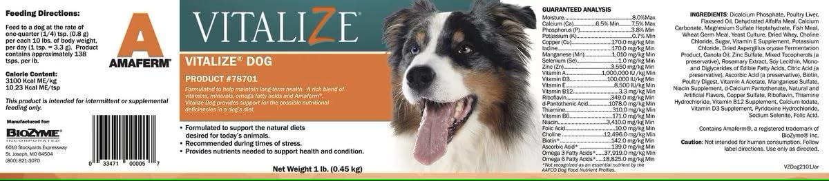 Vitalize Dog Digestive Health Powder - Relief for Constipation, Vomiting & Nausea, Skin & Coat Supplement- Multivitamin Powder with Omega 6, 3 & Biotin & Dog Prenatal Supplement (1 Pound)