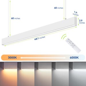 Monios-L LED Linear Light with Remote Control, Seamless Connection, 3000K to 6000k CCT Selectable, 4FT Stepless Dimmable, 36W Linkable Ceiling Shop Light, Suspended Office Lighting Fixture, 4 Packs