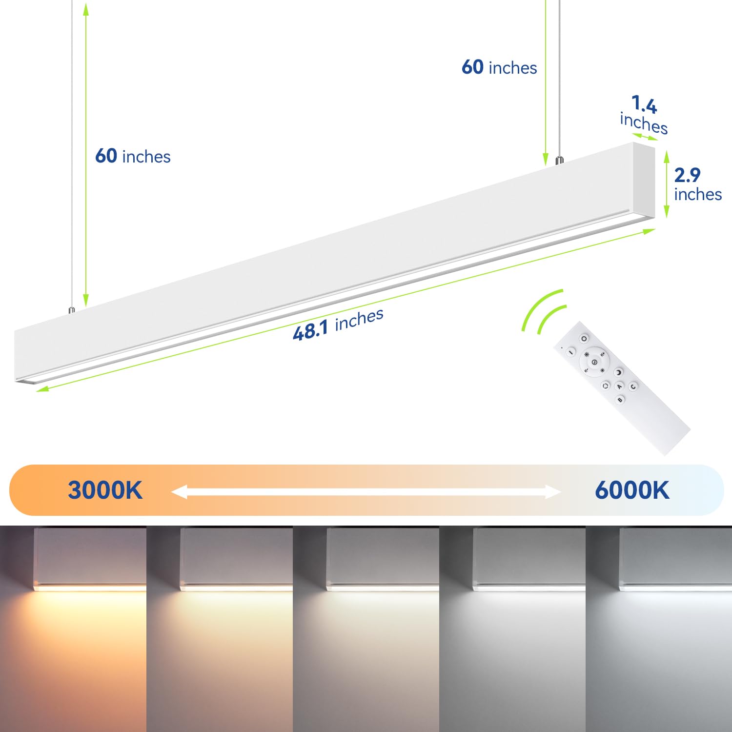 Monios-L LED Linear Light with Remote Control, Seamless Connection, 3000K to 6000k CCT Selectable, 4FT Stepless Dimmable, 36W Linkable Ceiling Shop Light, Suspended Office Lighting Fixture, 4 Packs