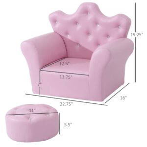 Qaba Kids Sofa Set, Children's Upholstered Sofa with Footstool, Princess Sofa with Diamond Decorations, Baby Sofa Chair for Toddlers, Girls, Pink