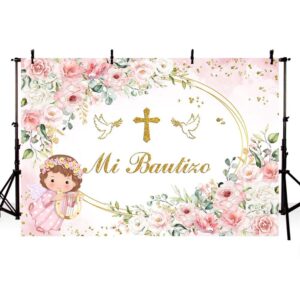 AIBIIN 7x5ft Pink Mi Bautizo Backdrop for Girls Baby Shower God Bless First Holy Communion Background Oval Mexican Baptism Party Flowers Decorations Banner Props