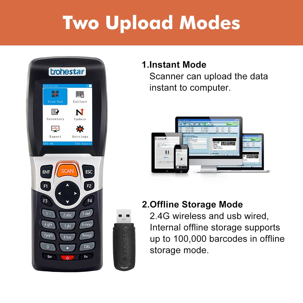 Wireless Barcode Scanner - Handheld Inventory Scanner Data Collector with 2.4GHz RF Transceiver for Warehouse & Bookstore Management (N4-2D-Blue)