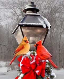 cardinals and street lamp cotton fabric panel 36 x 45 inches, david textiles gg0032