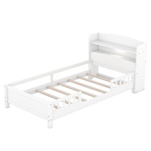 Bellemave Twin Bed Frame with Storage Headboard, White - Solid Wood Kids Bed with Built-in LED Light, Guardrail & Slats - 87L x 43W x 31.2H inches - Includes Tools for Assembly