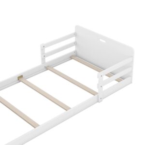 Bellemave Twin Size Floor Bed with Headboard and Footboard Solid Wood Twin Bed for Kids with Storage Footboard and Guardrail, White