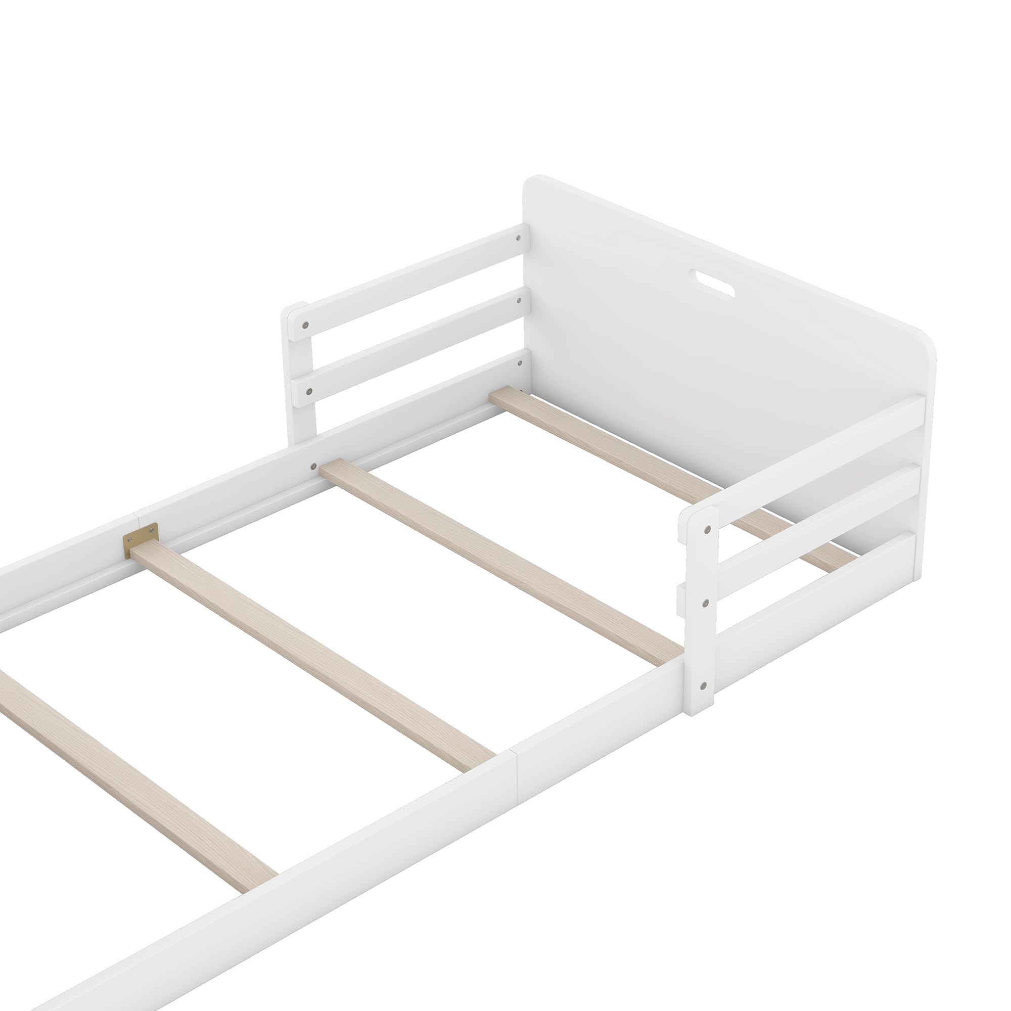 Bellemave Twin Size Floor Bed with Headboard and Footboard Solid Wood Twin Bed for Kids with Storage Footboard and Guardrail, White