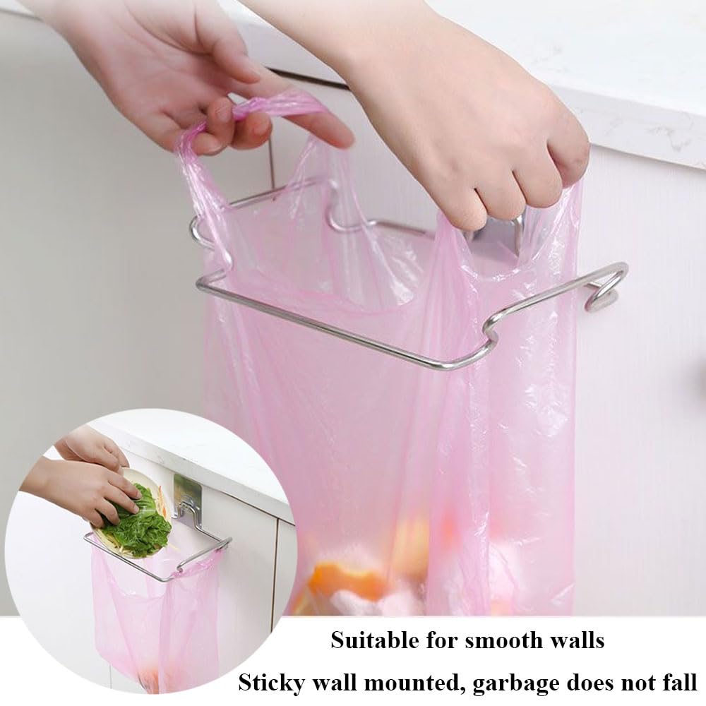 Trash Bag Holder for Cabinet Doors & Cupboards, Stainless Steel Garbage Bag Holder with Adhesive Base Sticker, Portable Kitchen Trash Can for Under Sink Trash Bag Holder, Under Counter Trash Can