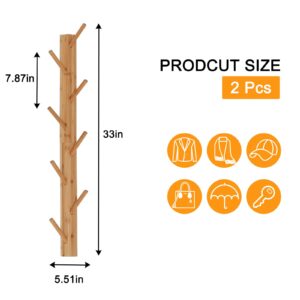 TIOPGHAD 2-Pack Wood-Wall-Mounted-Coat-Hooks, Bamboo Vertical Coats Rack Holder Hanger with 8 Hooks Entryway Hanging Wooden Racks for Hanging Jacket Coat Hat in Entryway Office Bathroom(Natural)