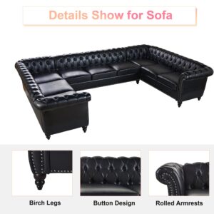 U Shaped Large Sectional Sofa, Chesterfield Leather Faux Couch Tufted Accent Sofa with Scroll Arms and Nailhead for Living Room, Office