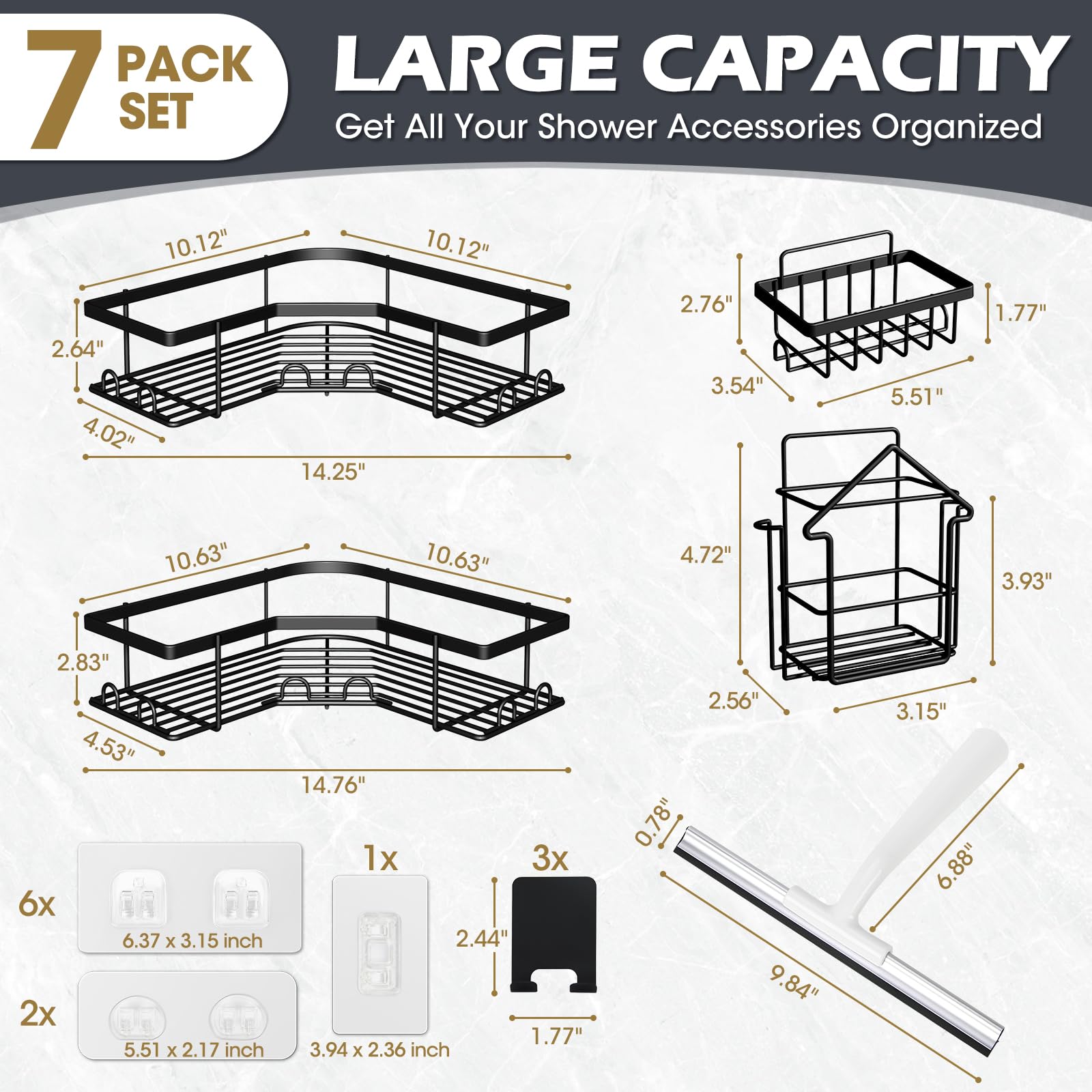 Corner Shower Caddy 7 Pack, Adhesive Stainless Steel Corner Shower Caddy, Shower Organizer Shower Rack with Holders & Shower Squeegee, Shower Shelves Storage Bathroom Organizers and Storage, Black