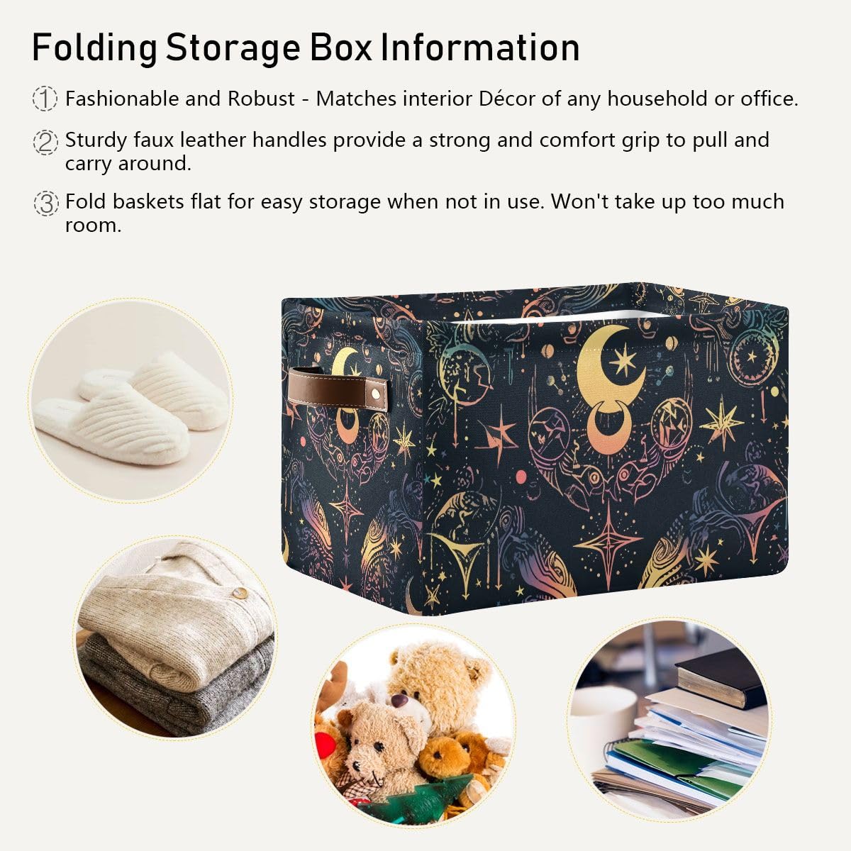 Storage Basket Mystic Astrology Magic Occult Symbol Around Moon Durable Canvas Collapsible Toy Box Organizer Bin with Handles for Shelf Closet Bedroom Home Office