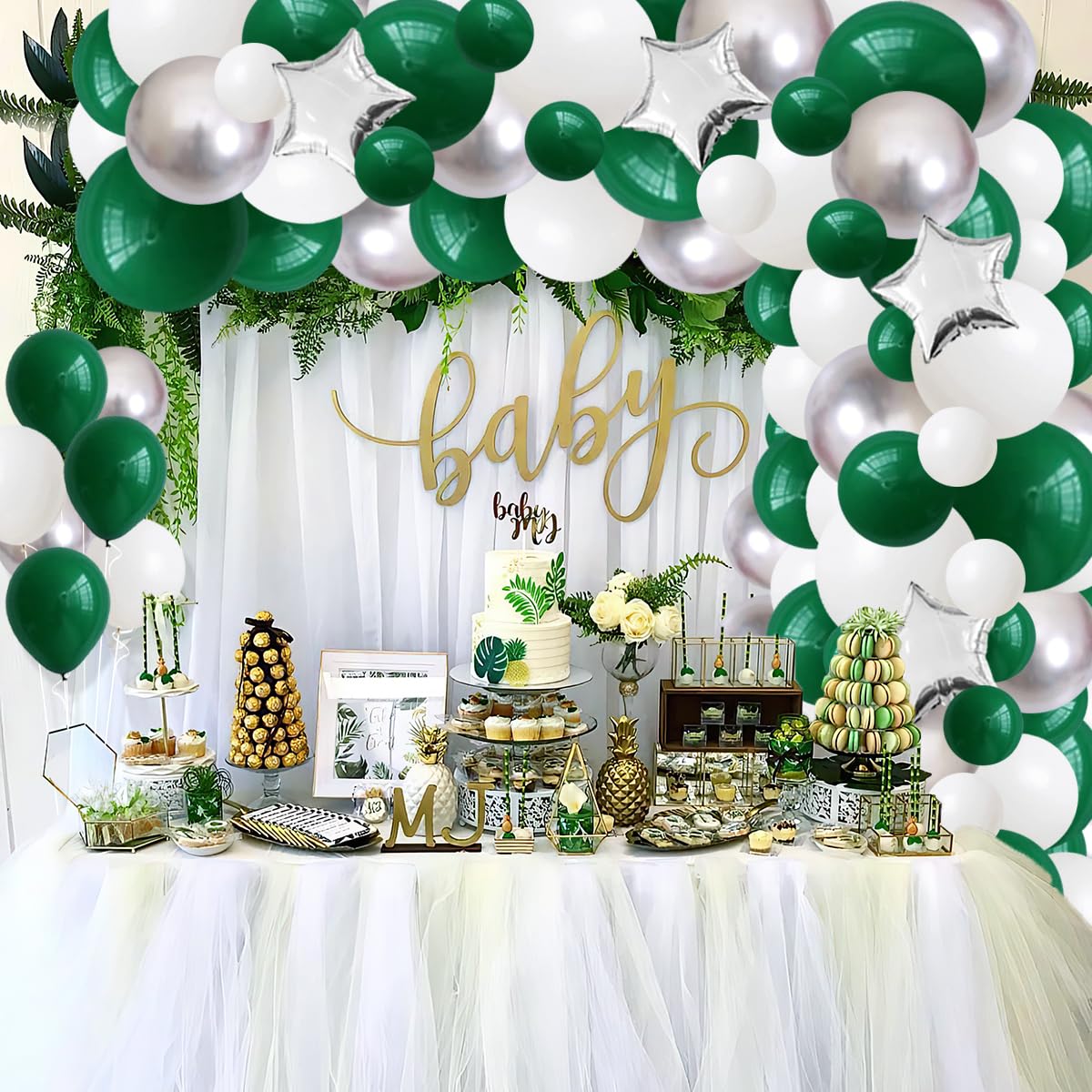 Emerald Green Silver White Balloon Garland Arch, Dark Green White Balloons Green Metallic Silver 2024 Graduation Party for Camo Military Video Game Birthday Jungle Baby Shower Anniversary Party