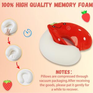 Kids Neck Pillow for Travel with Sleep Eye Mask, Cute Travel Neck Pillow, Memory Foam Flight Sleeping Headrest Pillow for Boys & Girls, Airplane, Train, Car, Home Use - Red Strawberry