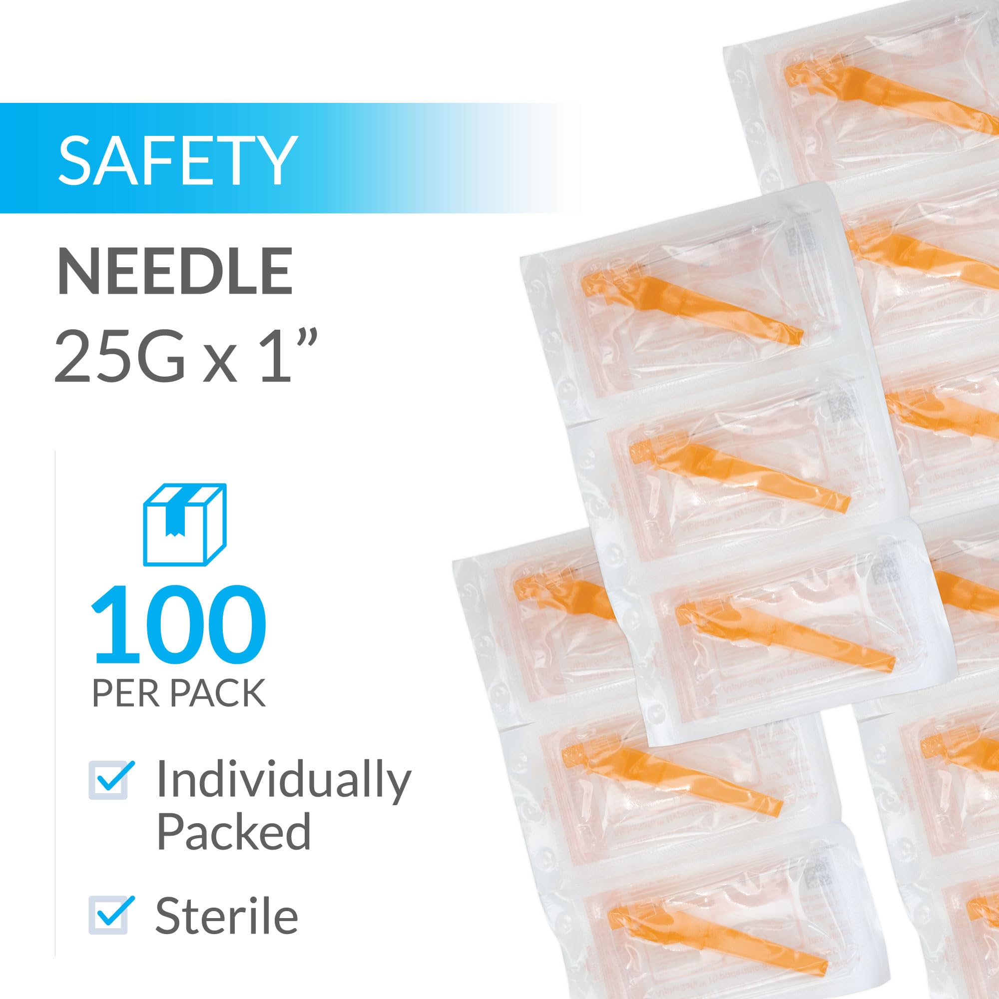 NANOSHARPS 100 Pack 25Ga 1 Inch Sterile Disposable Injection Needle with Safety Gard Cap for Animal, Pet and Industrial Dispensing Needle 25x1