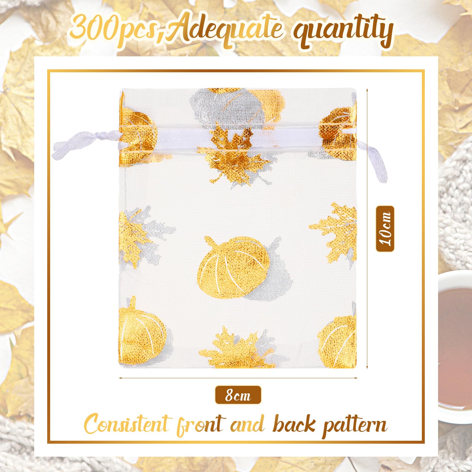 Berlune 300 Pcs Thanksgiving Gift Bags with Drawstring 3 x 4 Inch Fall Organza Gift Bags Gold Pumpkin Decorative Gift Bags Candy Treat Bags for Wedding Baby Shower Birthday Party Supplies