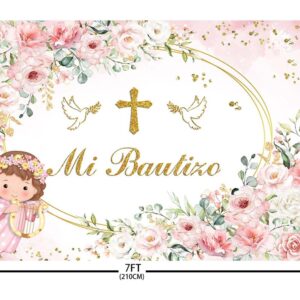 AIBIIN 7x5ft Pink Mi Bautizo Backdrop for Girls Baby Shower God Bless First Holy Communion Background Oval Mexican Baptism Party Flowers Decorations Banner Props