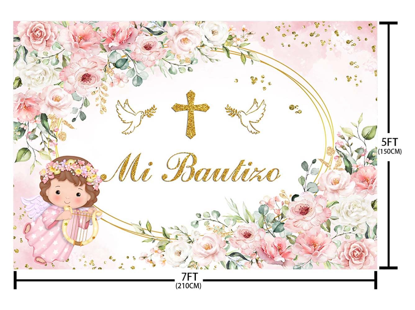 AIBIIN 7x5ft Pink Mi Bautizo Backdrop for Girls Baby Shower God Bless First Holy Communion Background Oval Mexican Baptism Party Flowers Decorations Banner Props