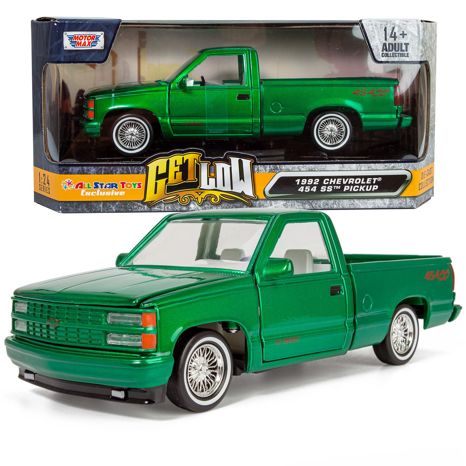 All Star Toys 1992 Chevy 454SS Pickup Lowrider Truck Candy Green 1/24 Diecast Model Motormax Get Low 79036 Exclusive