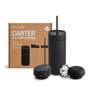 fellow 16 oz carter bundle (3 in 1) travel mug with slide-lock, move & cold lids with straw - to-go coffee tumbler, ceramic interior & vacuum-insulated stainless steel - coffee cups-matte black