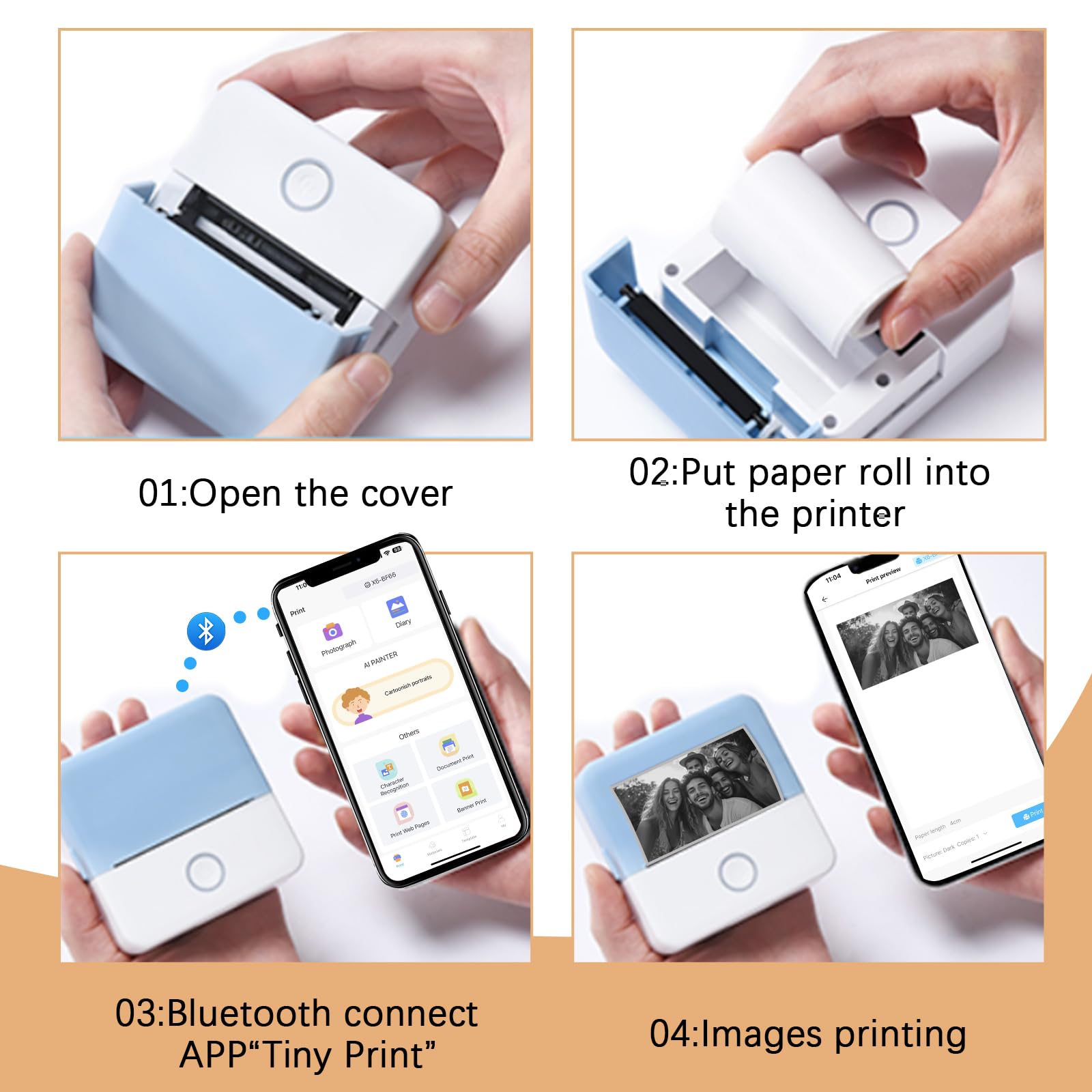 Bagvhandbagro Pocket Printer Mini Thermal Printer Inkless Sticker Printer - X6 Portable Bluetooth Photo Printer for Study, Notes, Labels, Work - Christmas Kids Gifts (White, 1 Printer +1 Roll Paper)