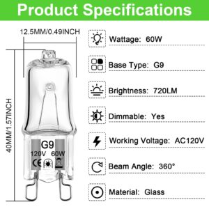 G9 Bulb 60W, 12 Pack G9 Halogen Light Bulbs 2 Pin Base T4 JCD Type 120V Xenon Small Light Bulb for Chandeliers, Range Hood Light, Bathroom Light Bulbs, Cabinet Lights, Dimmable, 2700K Warm White