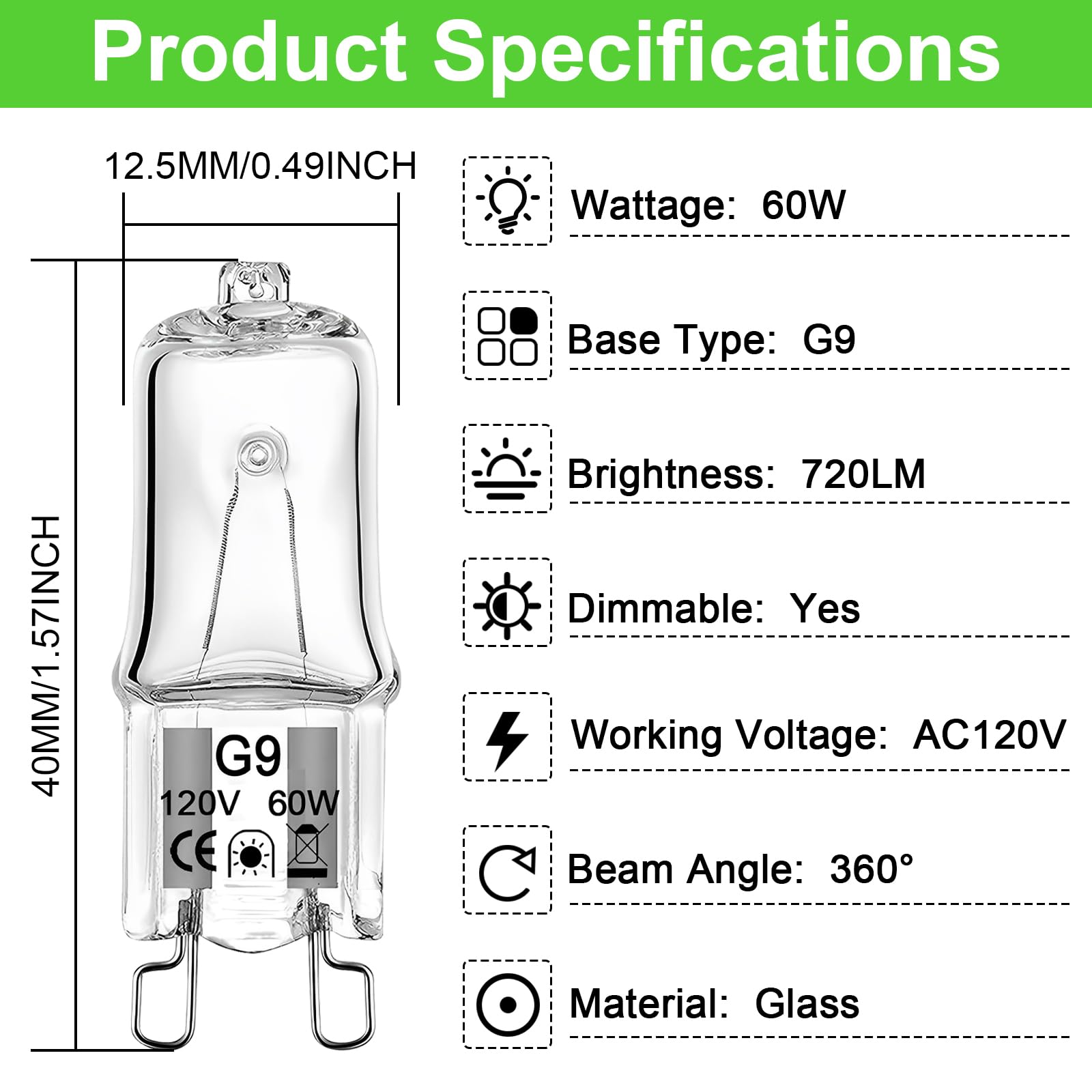 G9 Bulb 60W, 12 Pack G9 Halogen Light Bulbs 2 Pin Base T4 JCD Type 120V Xenon Small Light Bulb for Chandeliers, Range Hood Light, Bathroom Light Bulbs, Cabinet Lights, Dimmable, 2700K Warm White