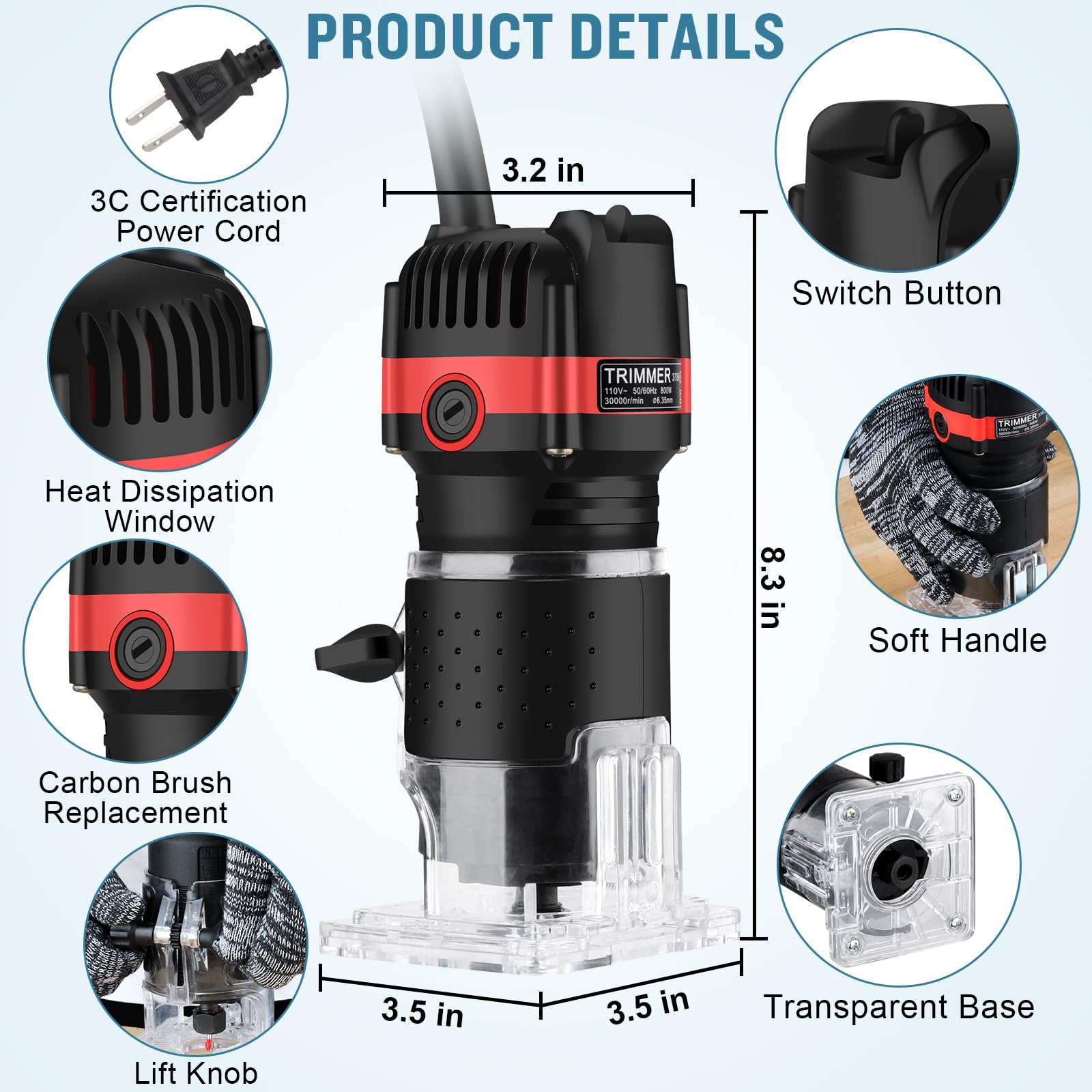 Router Tool, Hand Wood Router, 110V 800W Wood Routers for Woodworking, 30000R/MIN Compact Edge Trimmer, with 1/4" Tungsten Carbide Router Bits 15-Piece Set