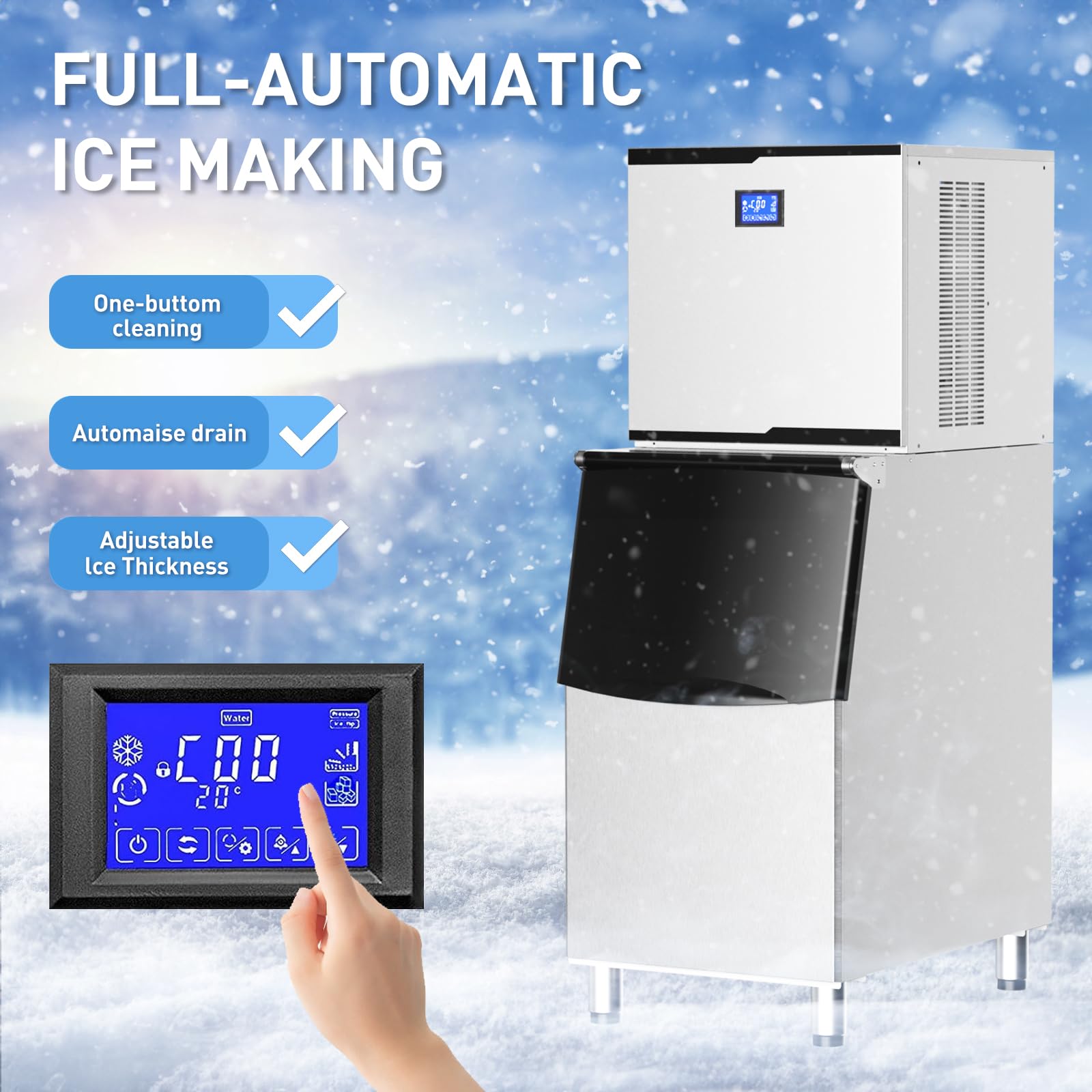 ERGMASTER Commercial Ice Maker Machine 550 LBS/24H - Industrial Ice Machine with 350LBS Large Storage Bin Ice Ready in 8-15 mins Stainless Steel Construction,Clear Ice Maker for Bar/Cafe/Restaurant