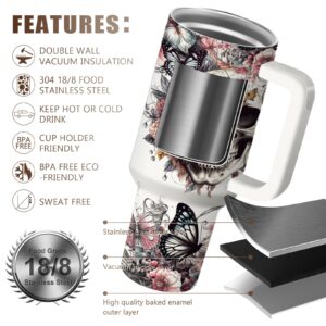 Equoza Horror Gifts Idea for Men - 40oz Gothic Skulls Stainless Steel Travel Mug Tumbler with Handle, Double Wall Vacuun Insulated Cup with Lid and Straw