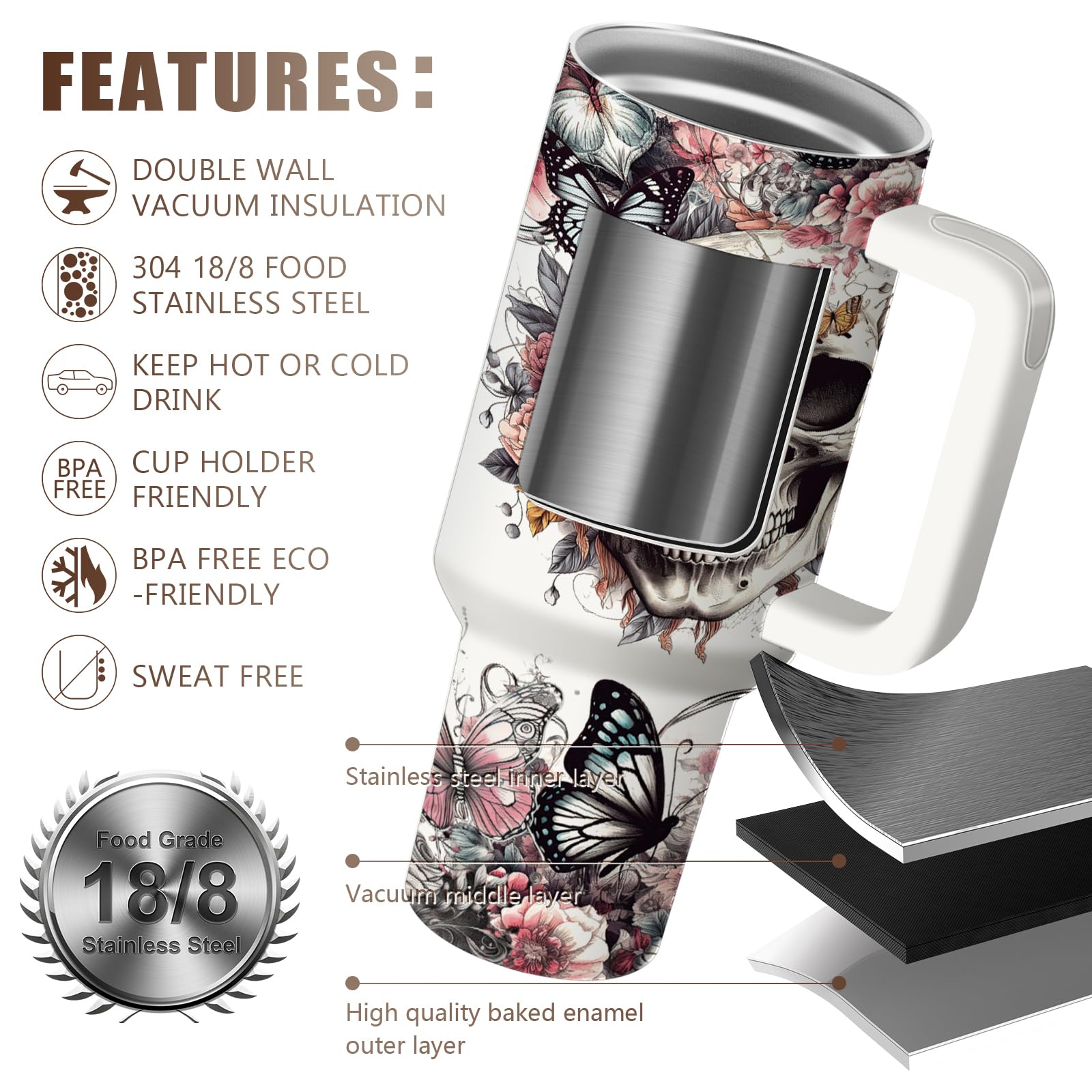 Equoza Horror Gifts Idea for Men - 40oz Gothic Skulls Stainless Steel Travel Mug Tumbler with Handle, Double Wall Vacuun Insulated Cup with Lid and Straw