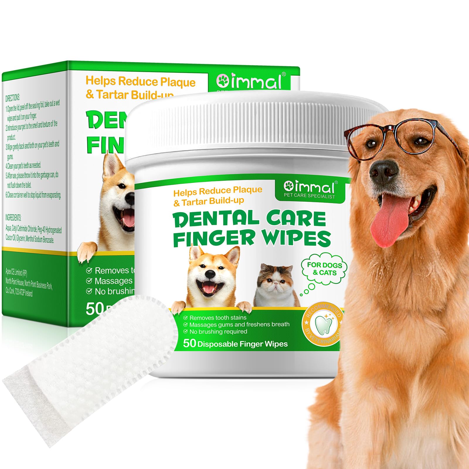 SDJUFEI 50Pcs Teeth Cleaning Wipes for Dogs & Cats, Dog Breath Freshener Dental Finger Wipes, Dog Dental Care Wipes Helps Wipe Away Plaque & Tartar - Freshens Breath, No-Rinse Dog Finger Toothbrush