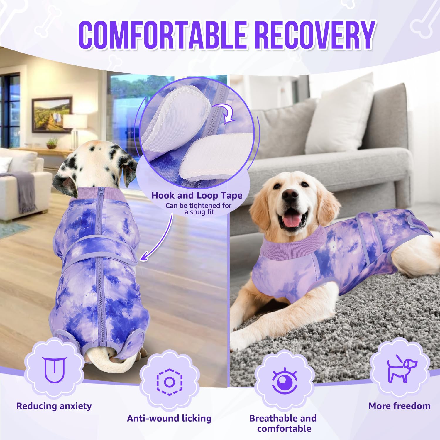 Lukovee Recovery Suit for Dogs, Zipper On Recovery Suit for Female Male Dog, Onesie Abdominal Wounds Cone E-Collar Alternative Prevent Licking Spay Recovery Suit (Purple Tie-dye,Large)