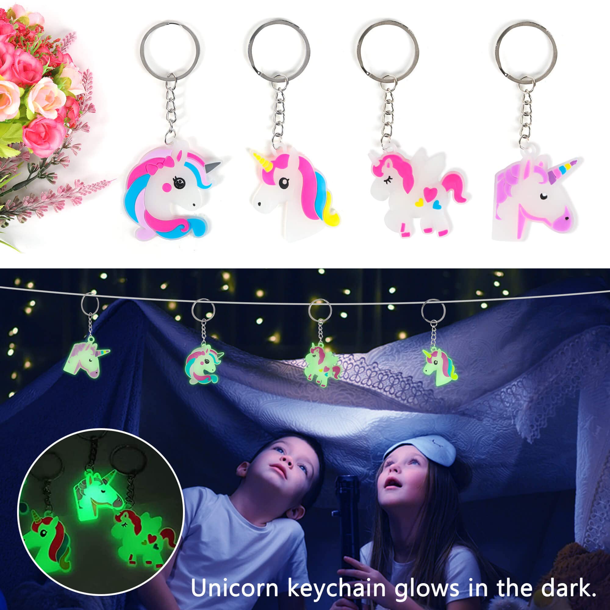 65 PCS Cartoon Keychains for Kids Party Favors Bulk Key Chain with Video Game, Ball, Guitar, Dinosaur, Donut, Glow-in-the-dark Unicorn Keychains Suitable for School Day Birthday Party Supplies Gifts