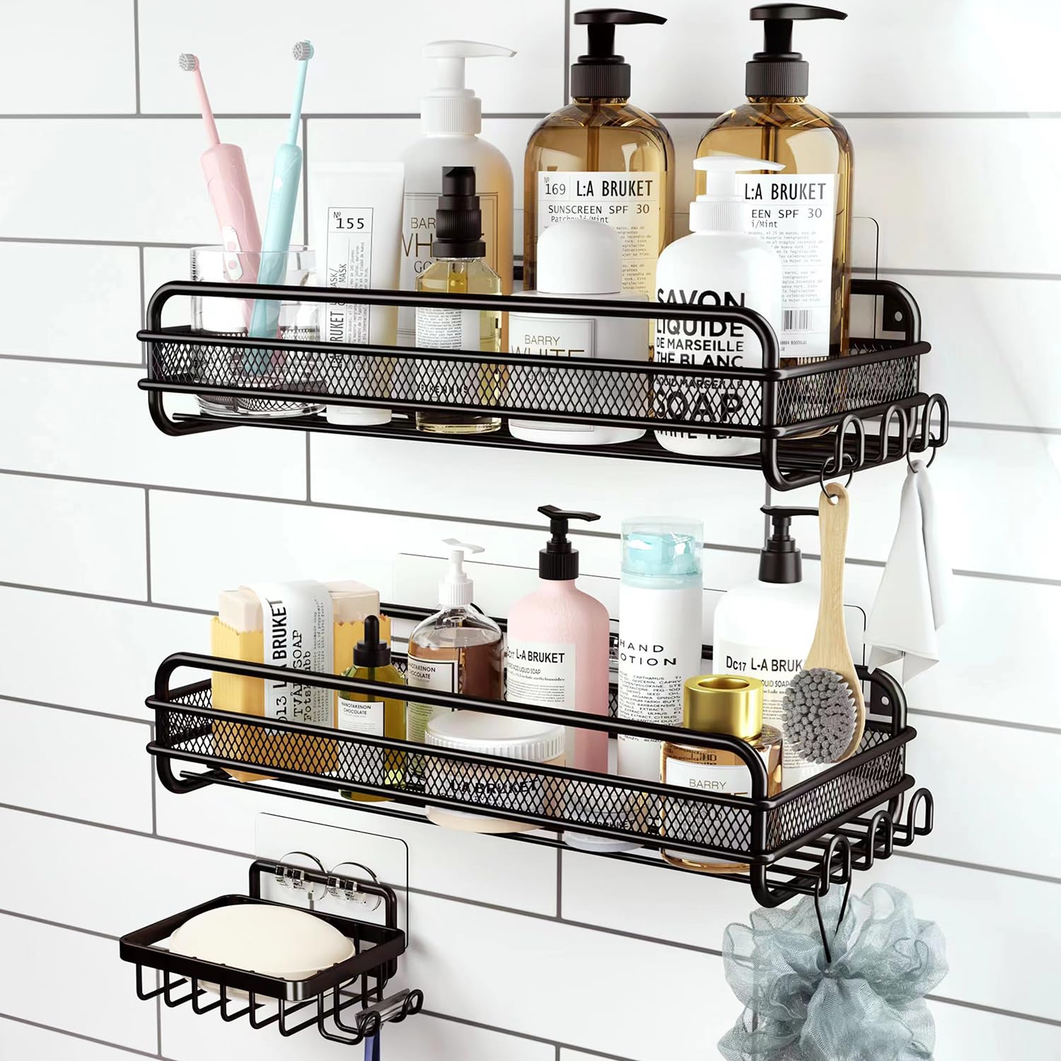 RelaxScene Shower Caddy Shelf - Self Adhesive 3-Pack Bathroom Organizer Suction Storage with Soap/Shampoo Holder Shelves Rack for Inside Shower Black