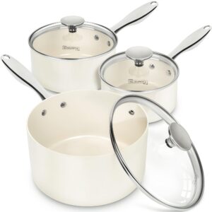 michelangelo sauce pan sets - ceramic sauce pan with lid, nonstick saucepan set, 1qt & 2qt & 3 qt small pots for cooking, non-toxic sauce pot, white