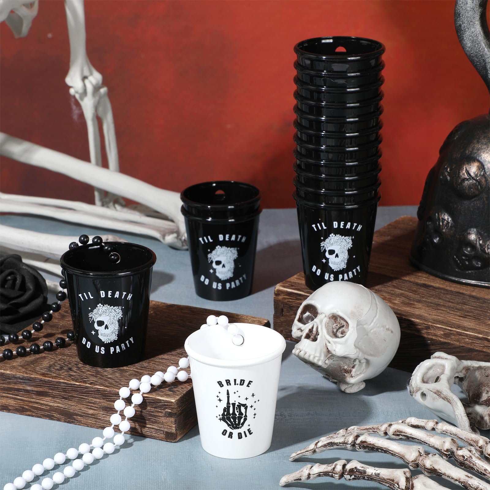 Norme 16 Pcs Bride or Die Plastic 2 oz Shot Glass Necklaces Till Death Do Us Party Halloween Bachelorette Party Decorations with Plastic Beads Gothic Skull Bridal Shower Party Favor for Wedding Supply