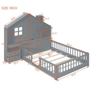 MERITLINE Full Size Montessori Floor Bed with Rails, Wood Platform Bed Full House Bed with Window and Bedside Drawers, Kids Full Bed Frame with Shelves and a Set of Sockets and USB Port - Grey