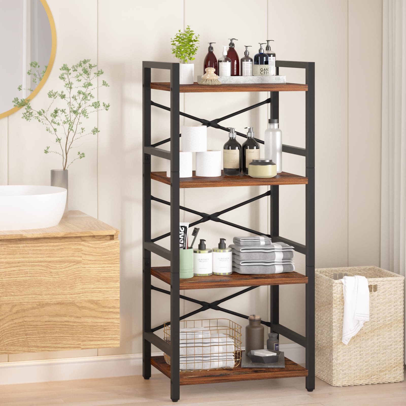 Yoobure 4 Tier Bookshelf - Small Book Shelf Industrial Bookcase, Narrow Book Case Book Storage Organizer for CD/Movie/Book, Bookshelves for Bedroom Office Living Room Berry Brown