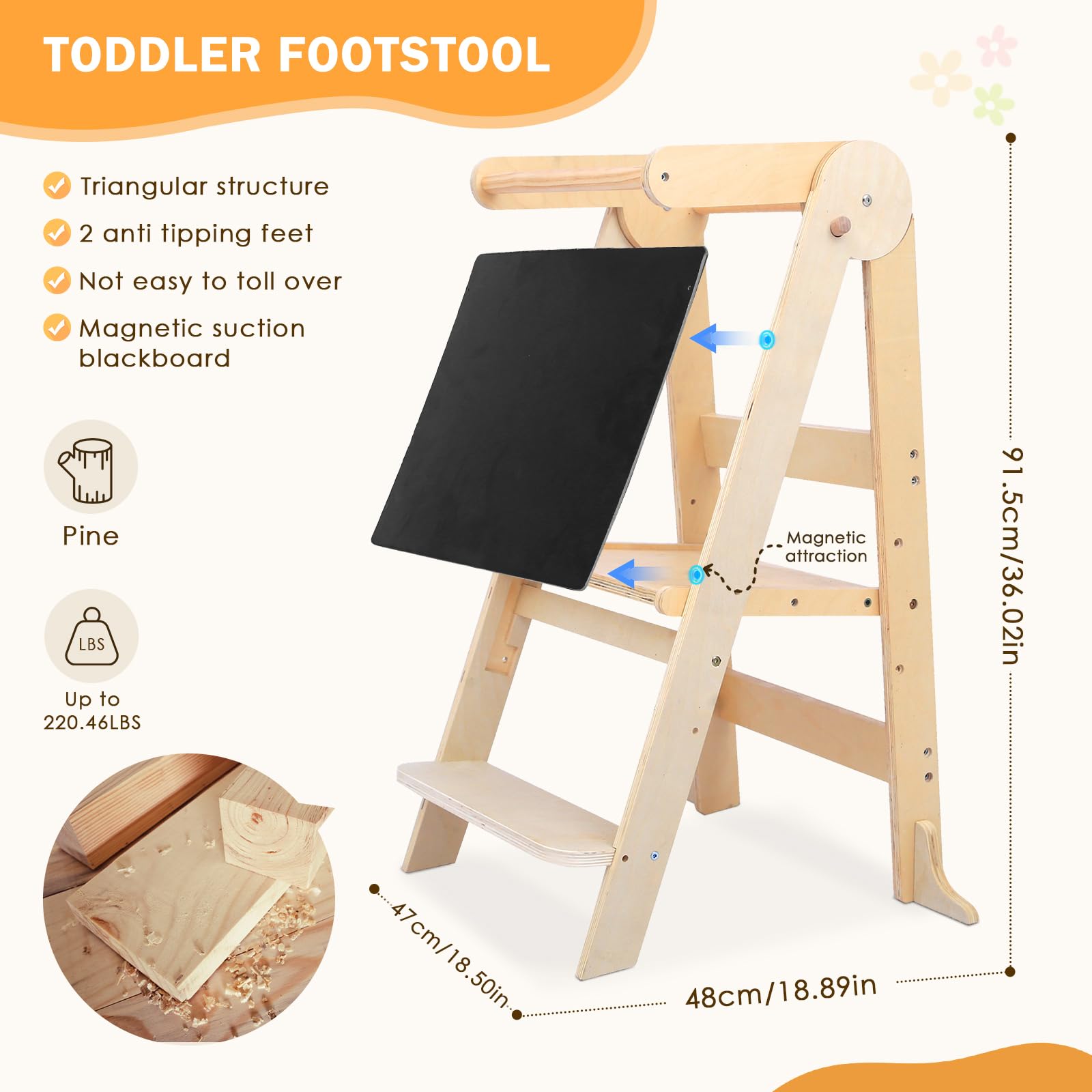 TZnponr Toddler Step Stool, Foldable Montessori Learning Tower,3-Level Height Adjustable Kitchen Step Stool with Safety Rails & drawing board,Easy to Assemble for Counter, Kitchen, Bathroom