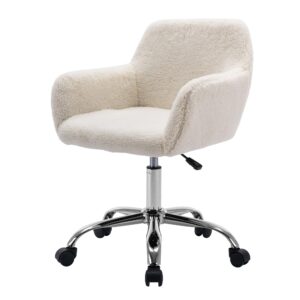 homedraft faux fur 360°swivel desk chair, height adjustable home office armchair with slivery base for teens women girls, upholstery computer chair for home studios, sherpa & white